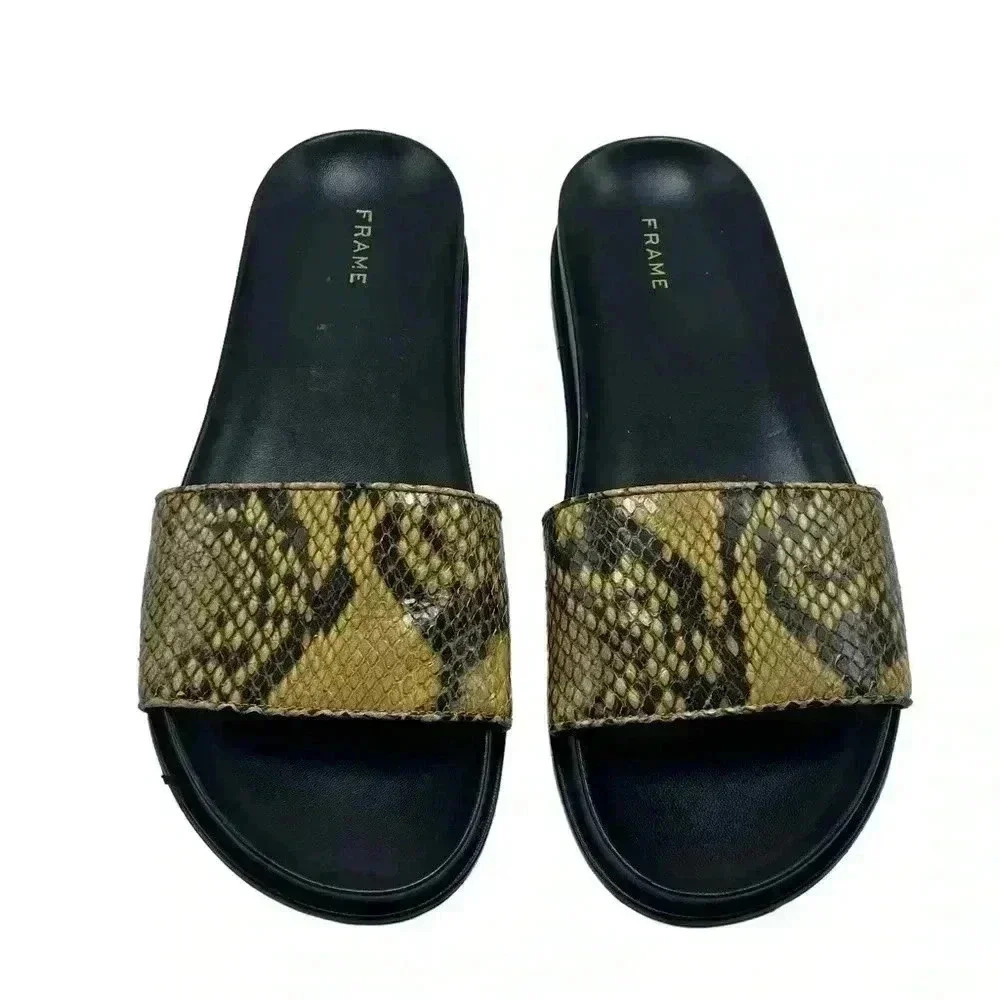 Frame Le Osborne Leather Slides Sandals Size 8, Python leather briny slides